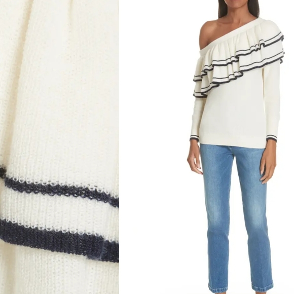 Nwt Frame Denim Ruffle One Shoulder Wool Blend Asymmetrical Sweater - Picture 3 of 16